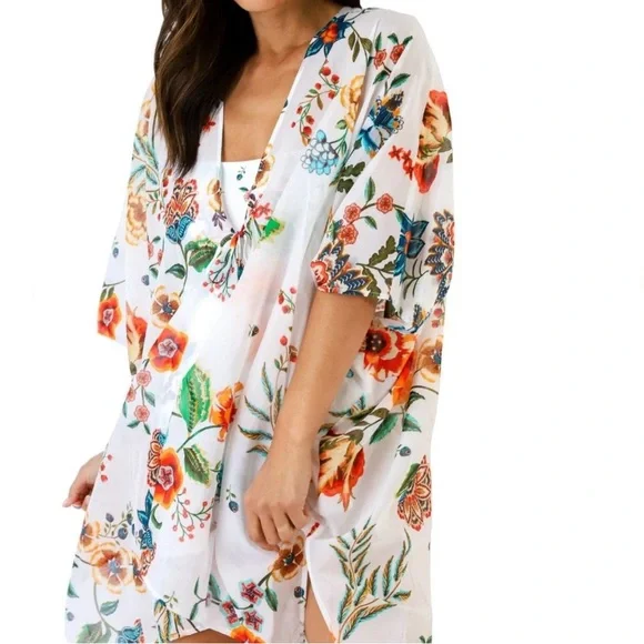 Johnny Was White Floral Ardella Swim Cover Up Kimono L XL - Picture 2 of 14